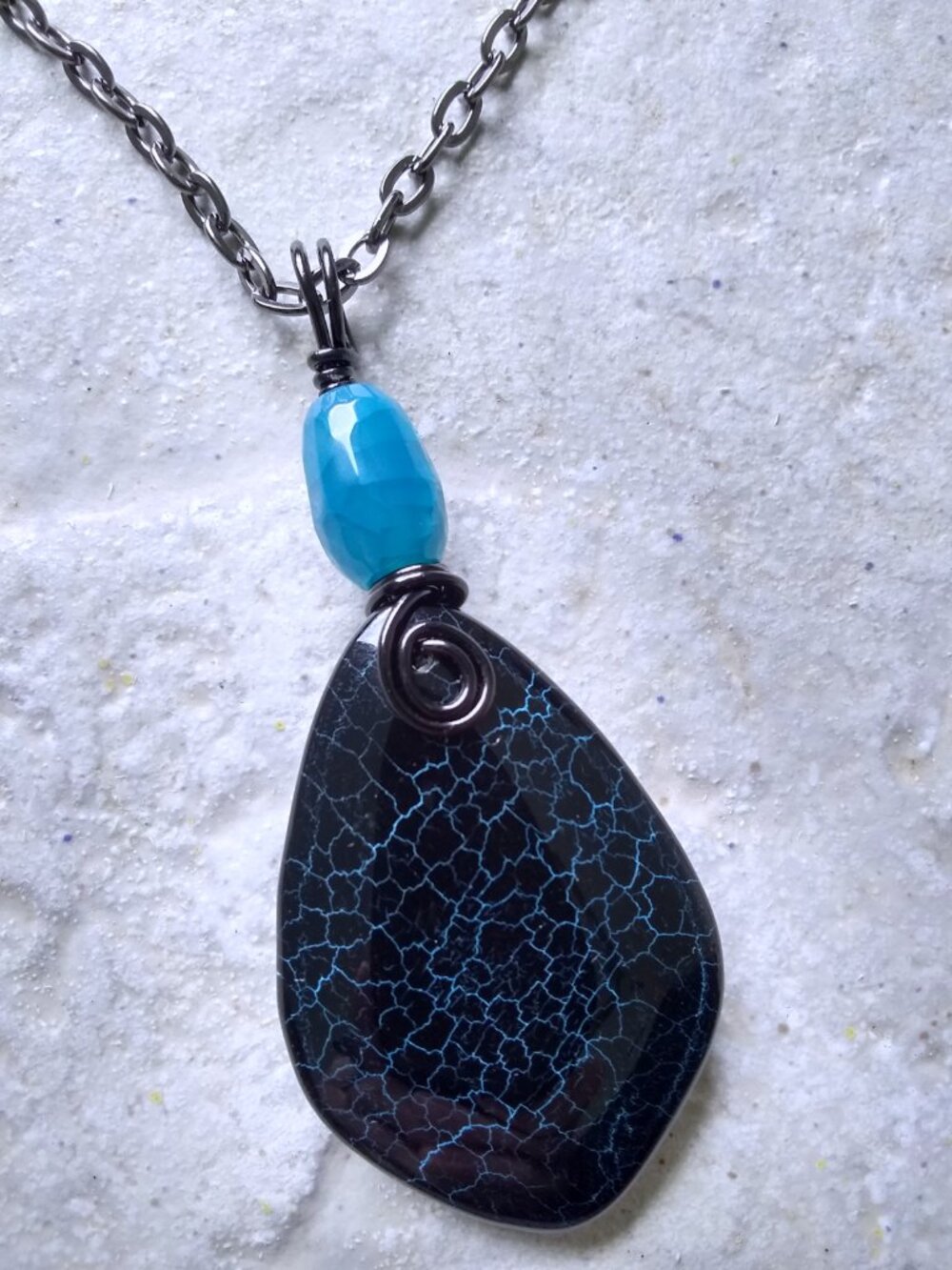 Handmade! Black & Blue DragonVein Agate Pendant Necklace! OOAK Statement Jewelry